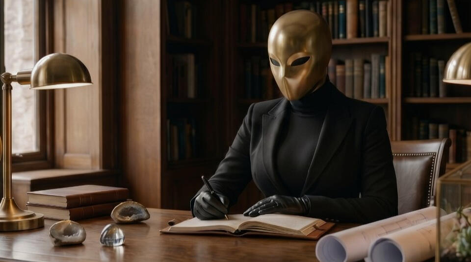 A figure in a gold mask writing at a desk in a study lined with books