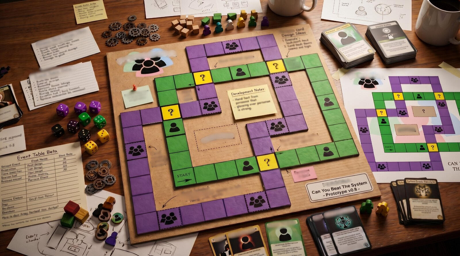 An early P****** prototype on a work table with cards, pieces and notes